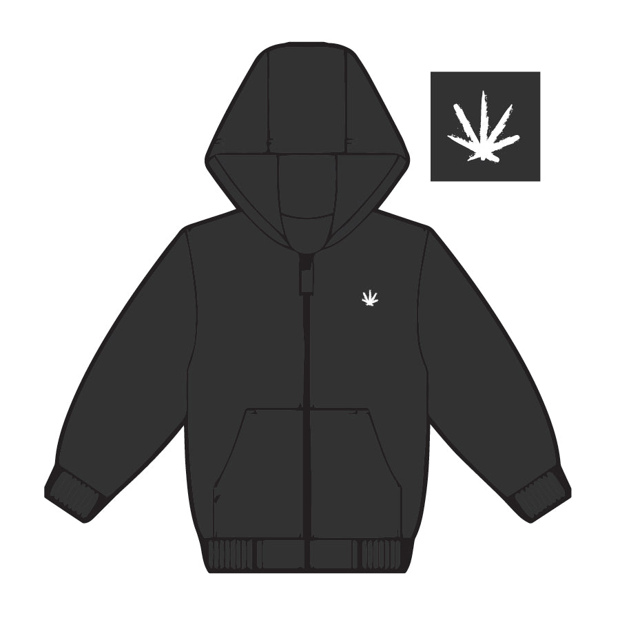 Black With White Embroidered Leaf Zip Up Hoodie